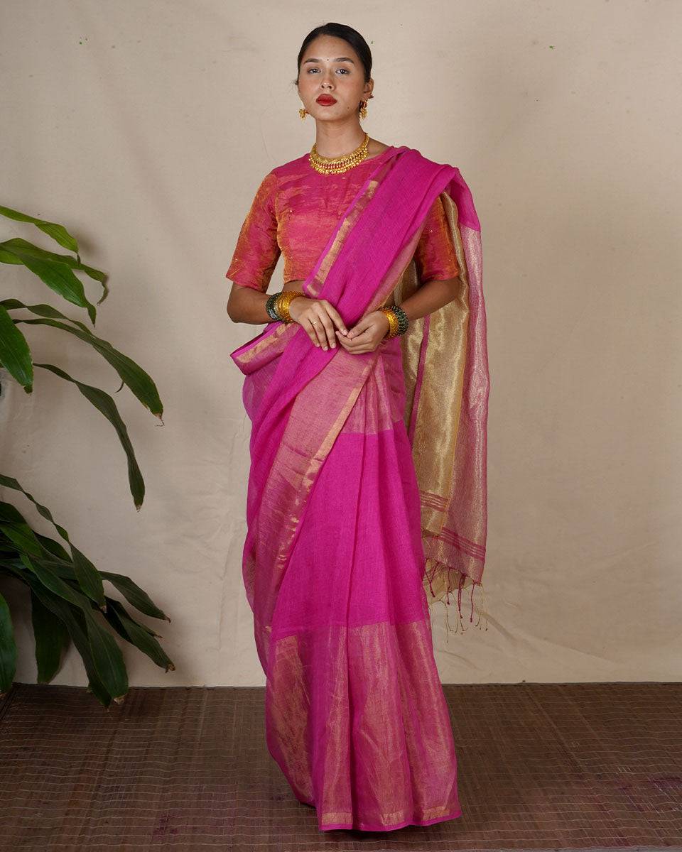 Ujjwala Pink Handwoven Linen Zari Saree - Eknoor