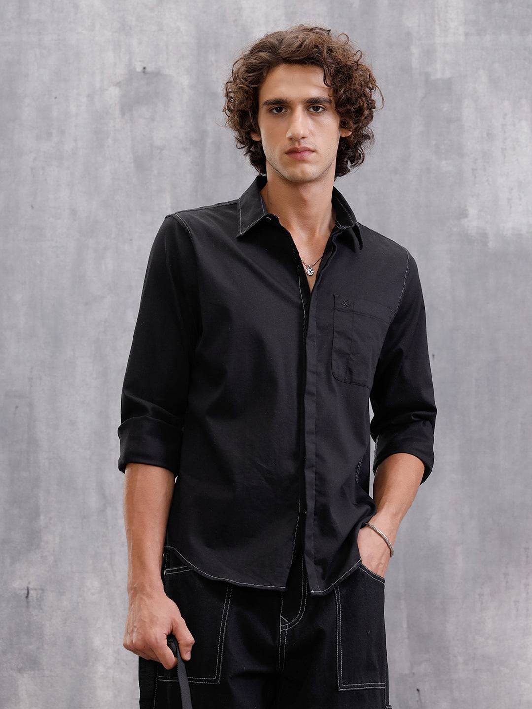 Contrast Stitch Royal Oxford Solid Shirt | Black