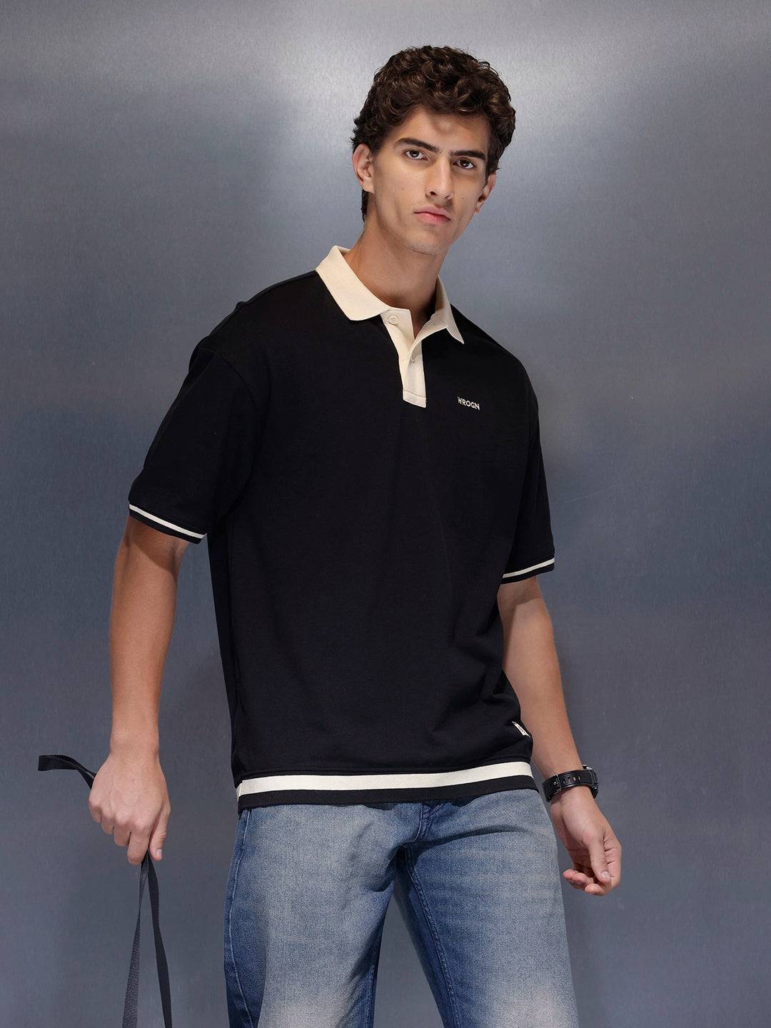 Men's Casual Oversized Contrast Detail Polo T-shirt  |  Black