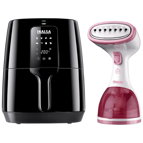 Inalsa Steamax, 1200 Watts Garment Steamer with Fabric & Steam Brush and 260ml Capacity (White & Pink), Air Fryer Digital Nutri Fry-1400W 4L,Smart AirCrisp Technology 8-Preset, Variable Temp (Black) Buy at only ₹2249