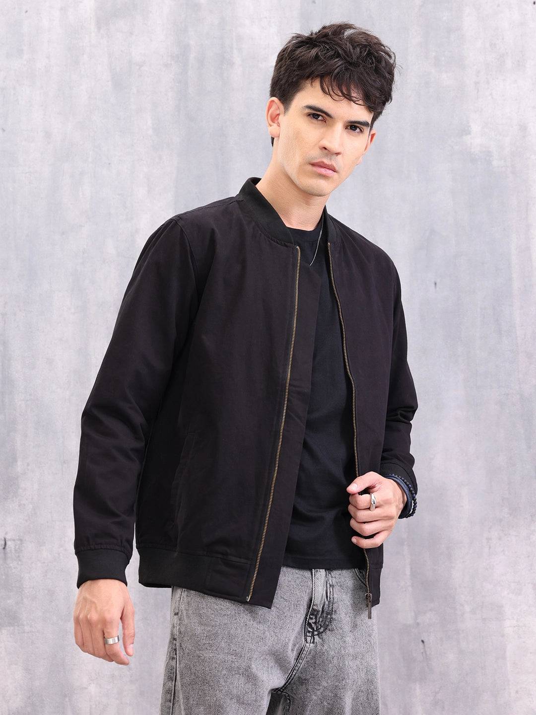 Solid Casual Bomber Jacket | Black