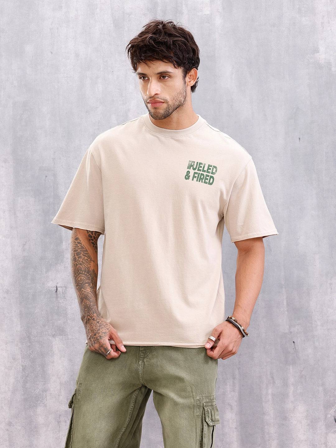 Retro Wash Graphic Printed Tshirt With Raw Edge Detail | Beige