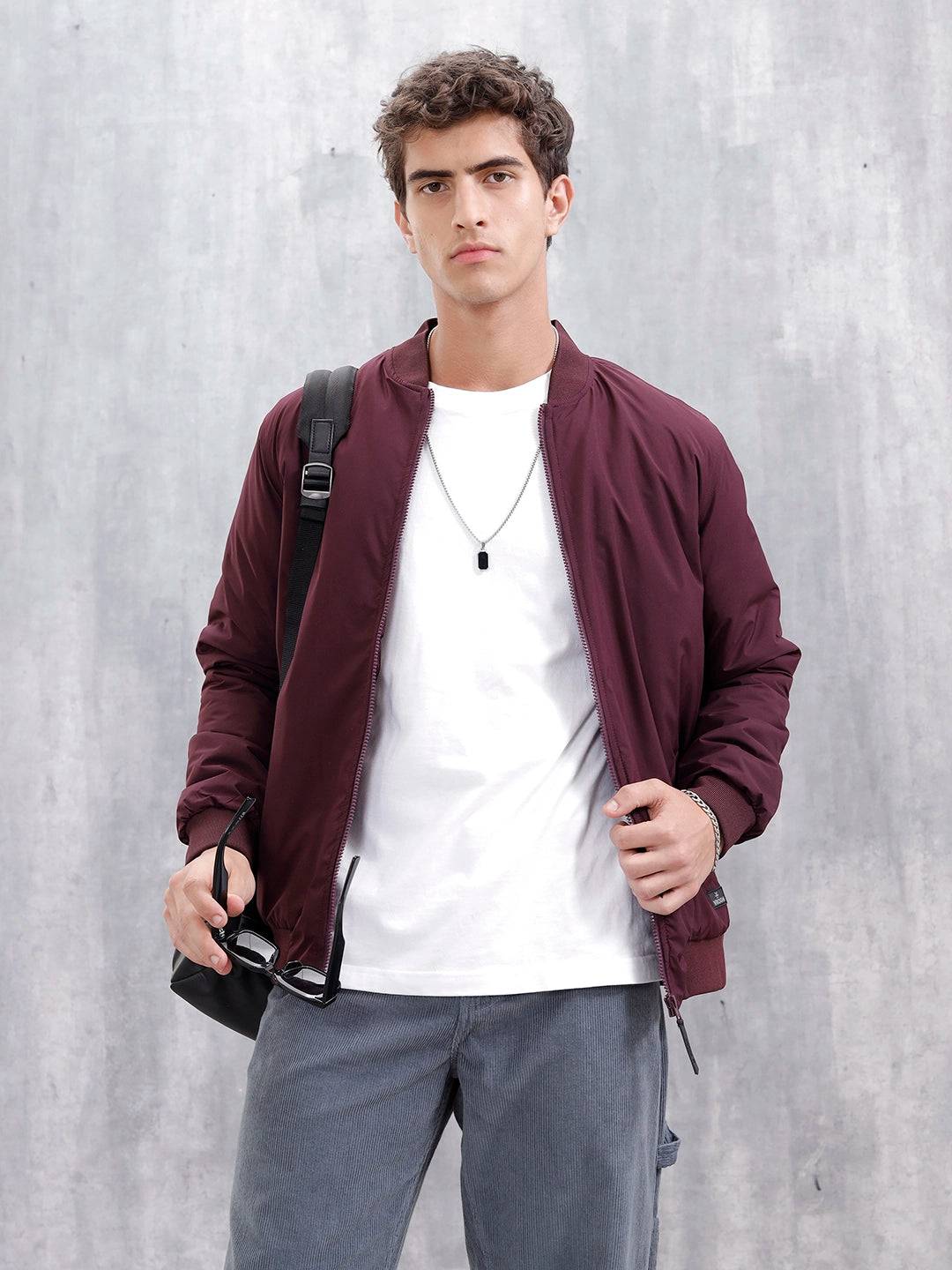Men's Casual Solid Bomber Jacket | Maroon
