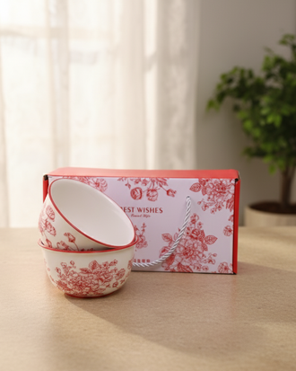Red Floral Ceramic Katori - Set Of 2