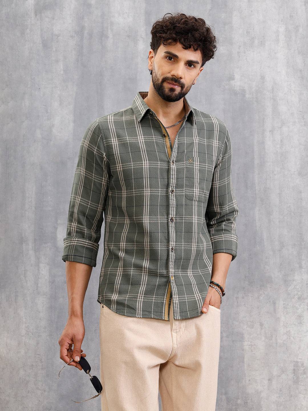 Dobby Textured Tonal Check Shirt In Slim Fit | Green