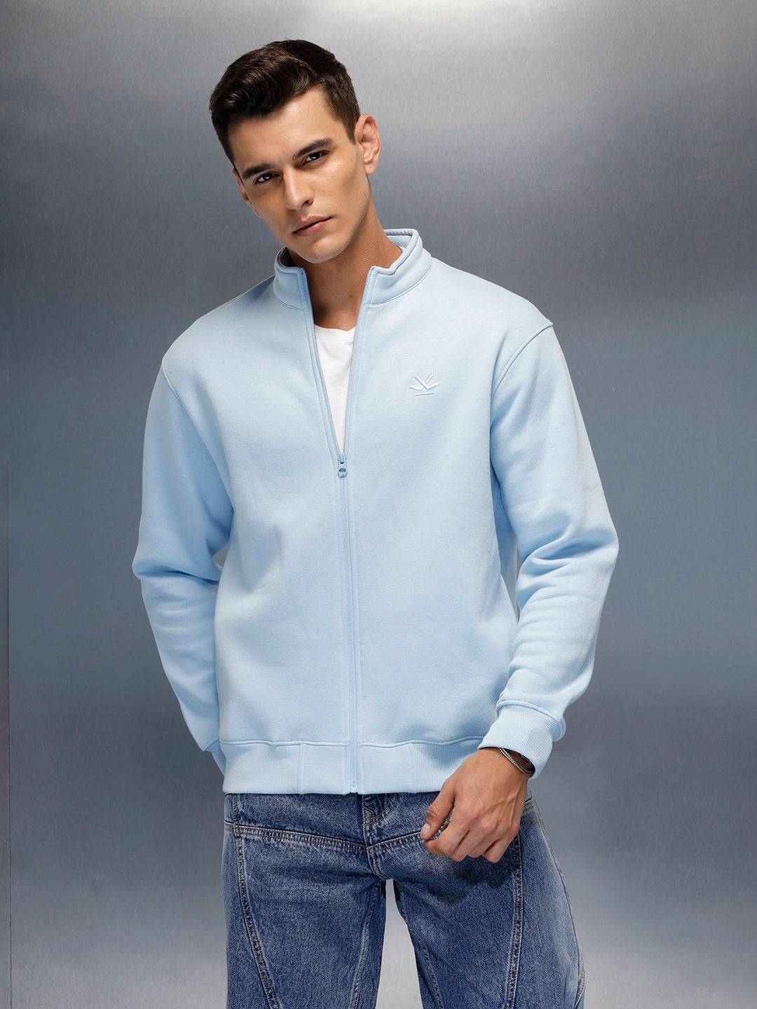men's casual front zip up stand collar sweatshirt | Blue
