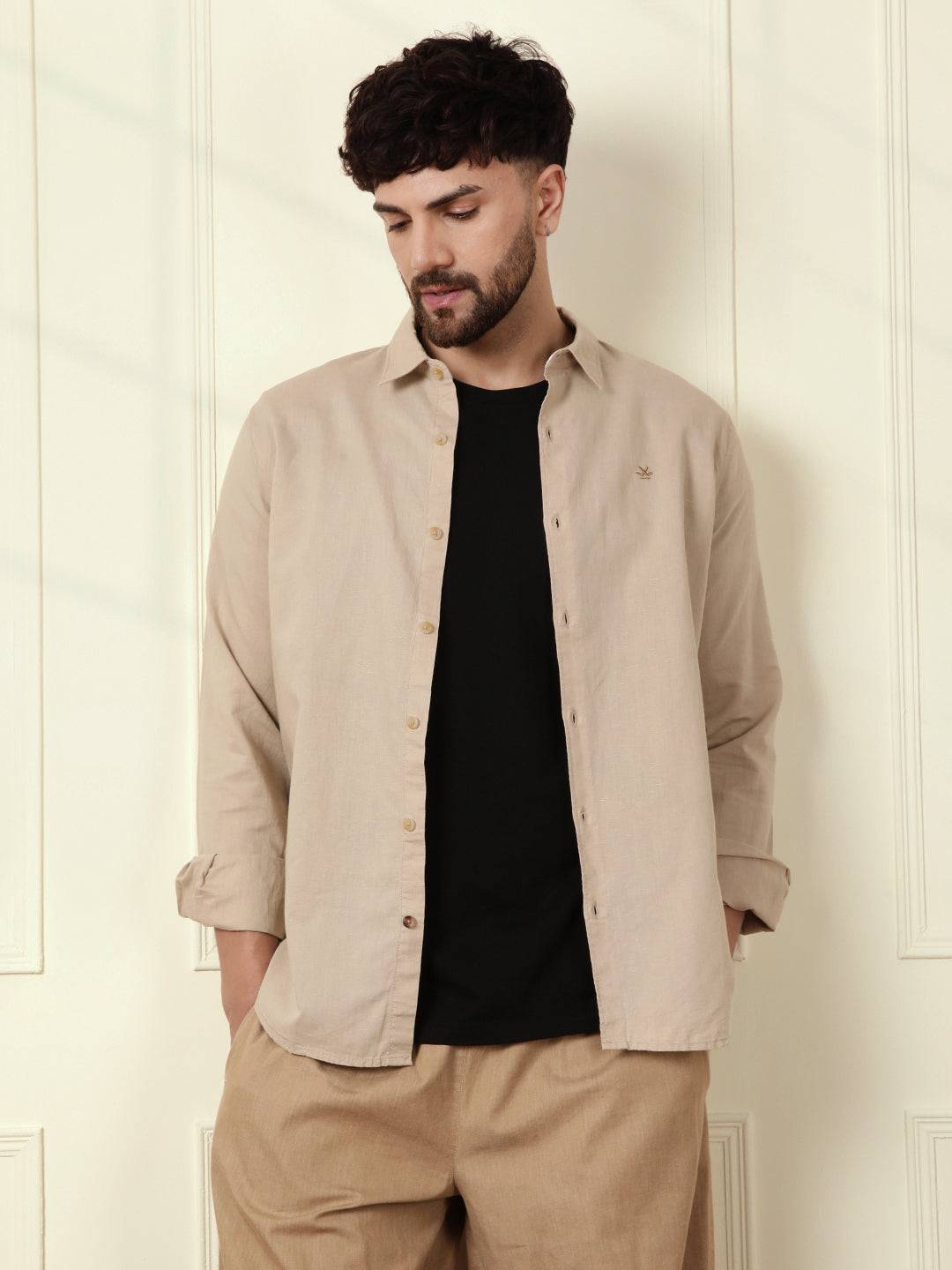 Solid Linen Blend Shirt | Khaki