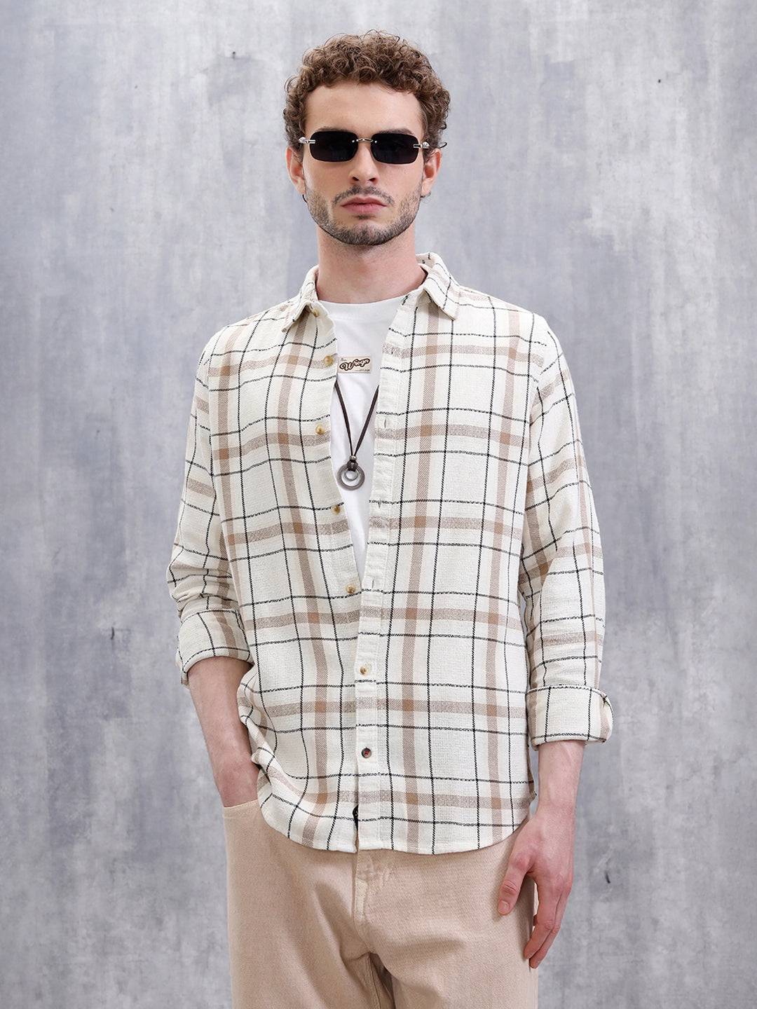 Textured Checks Slim Fit Shirt  | Khaki