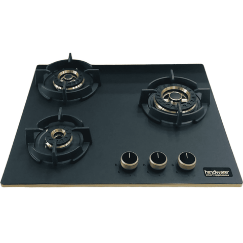 Hindware Hob, IVANA 3B 60, 3 burner 60 cm Frost Glass Metallic Finish Brass Burners 1 Medium + 1 Small + 1 High (Black) Buy only at ₹37990