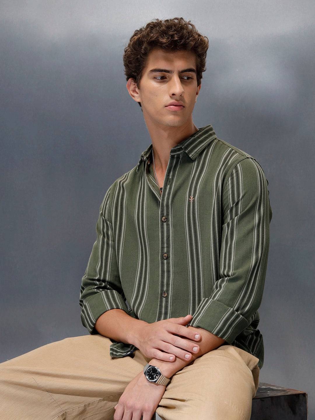 men's casual striped pattern shirt | Olive