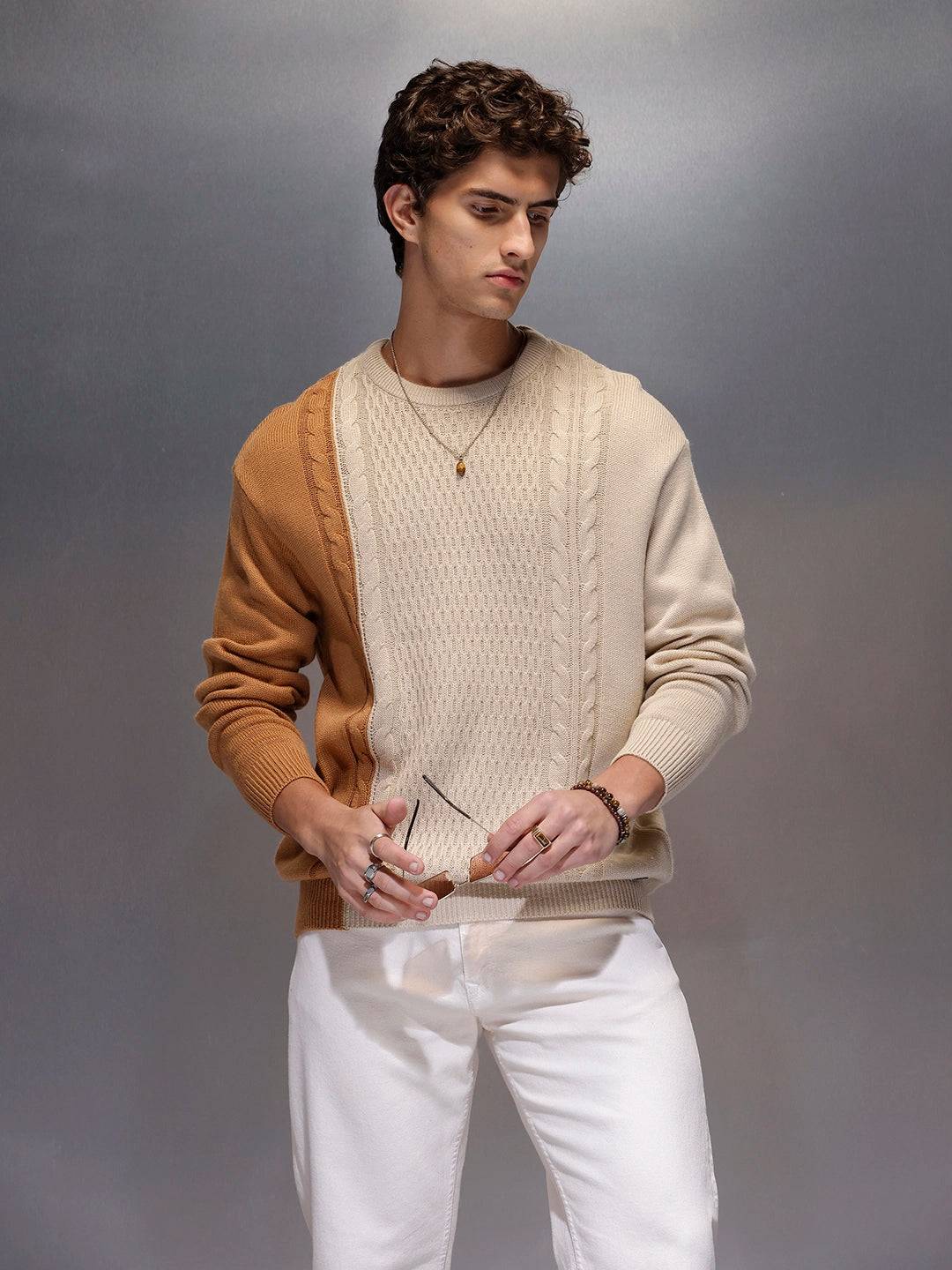 Men's Slim Fit Cable Knit Colorblocked Sweater  |  White