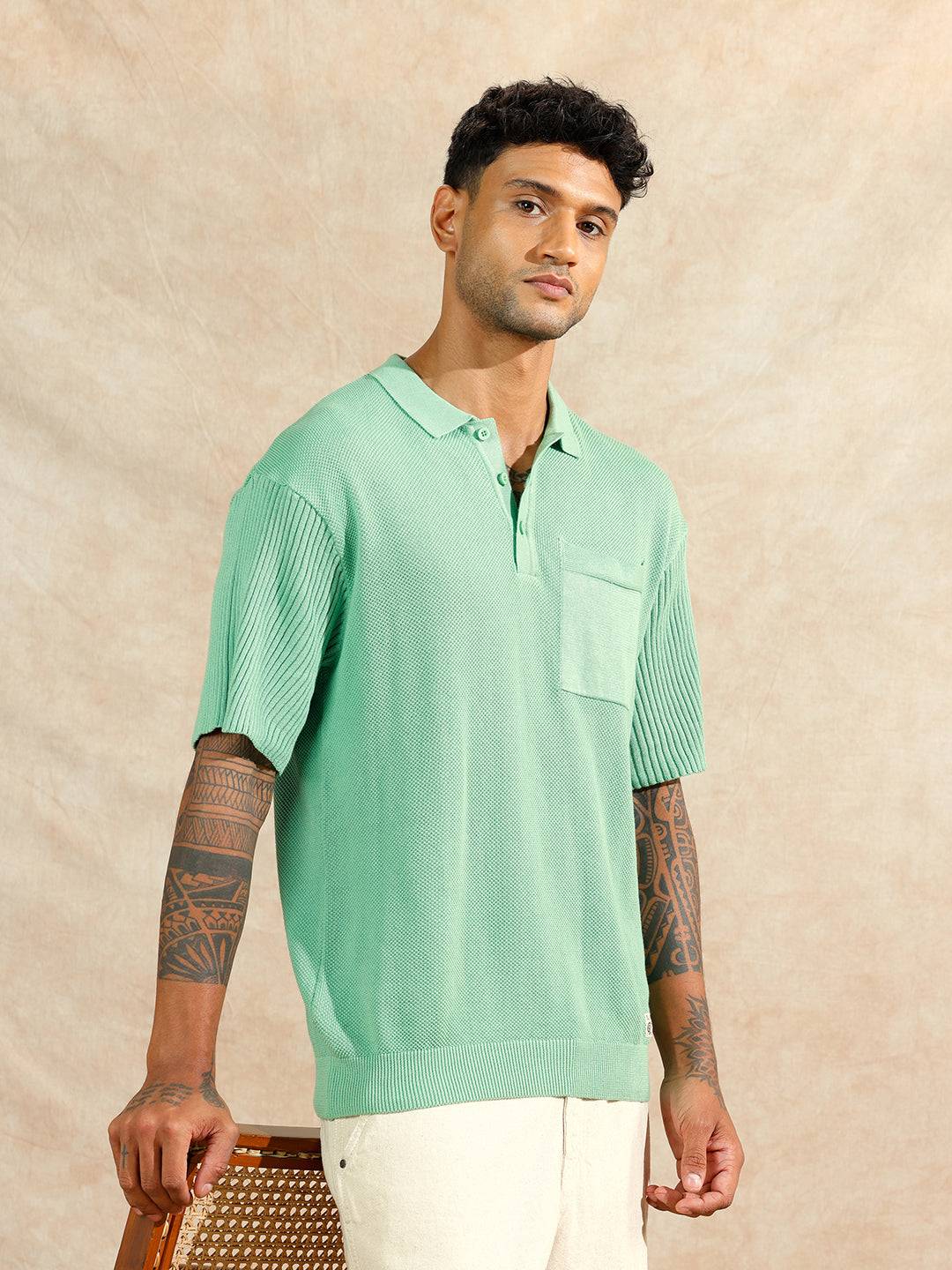 Solid Textured Flat Knit Polo T-Shirt | Green