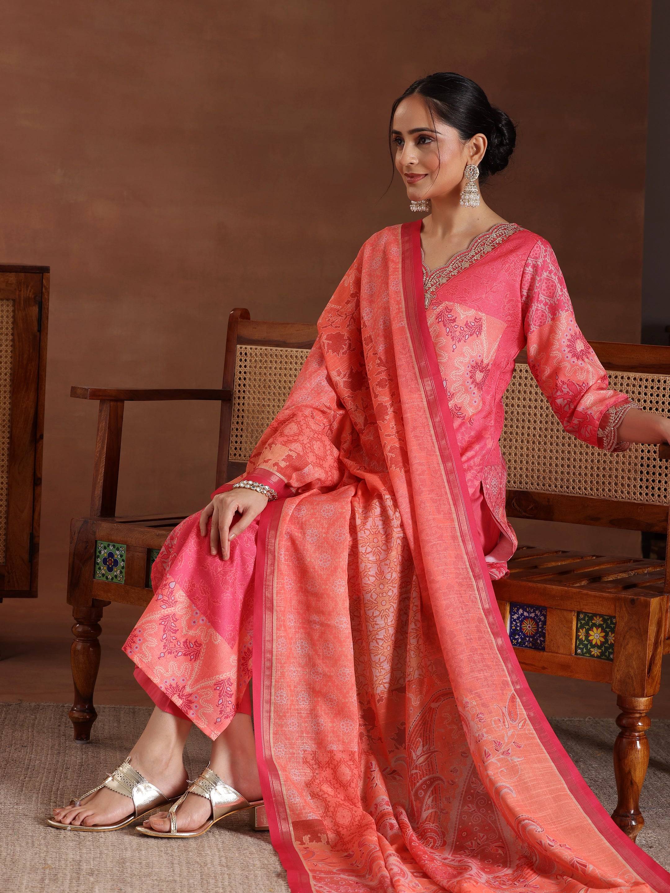 Pink Printed Cotton Blend Straight Suit... Buy only at ₹6396