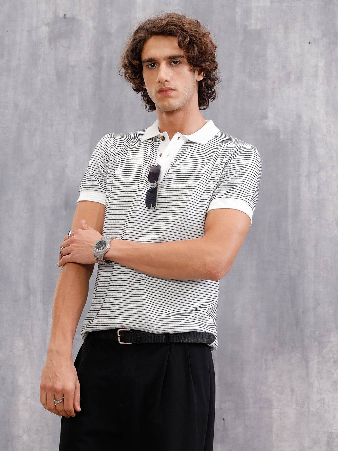 Flat Knit Striped Pattern Polo T-Shirt| White