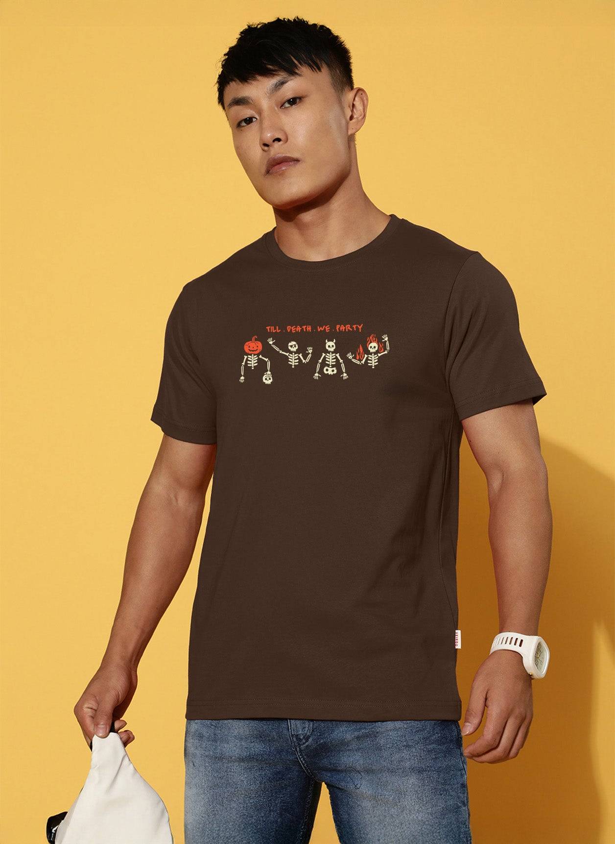 Till Death Brown Regular Fit Printed T-shirt