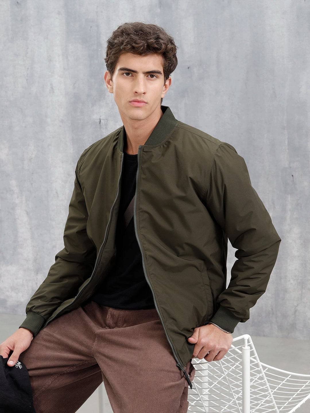 Men's Casual Solid Bomber Jacket | Olive