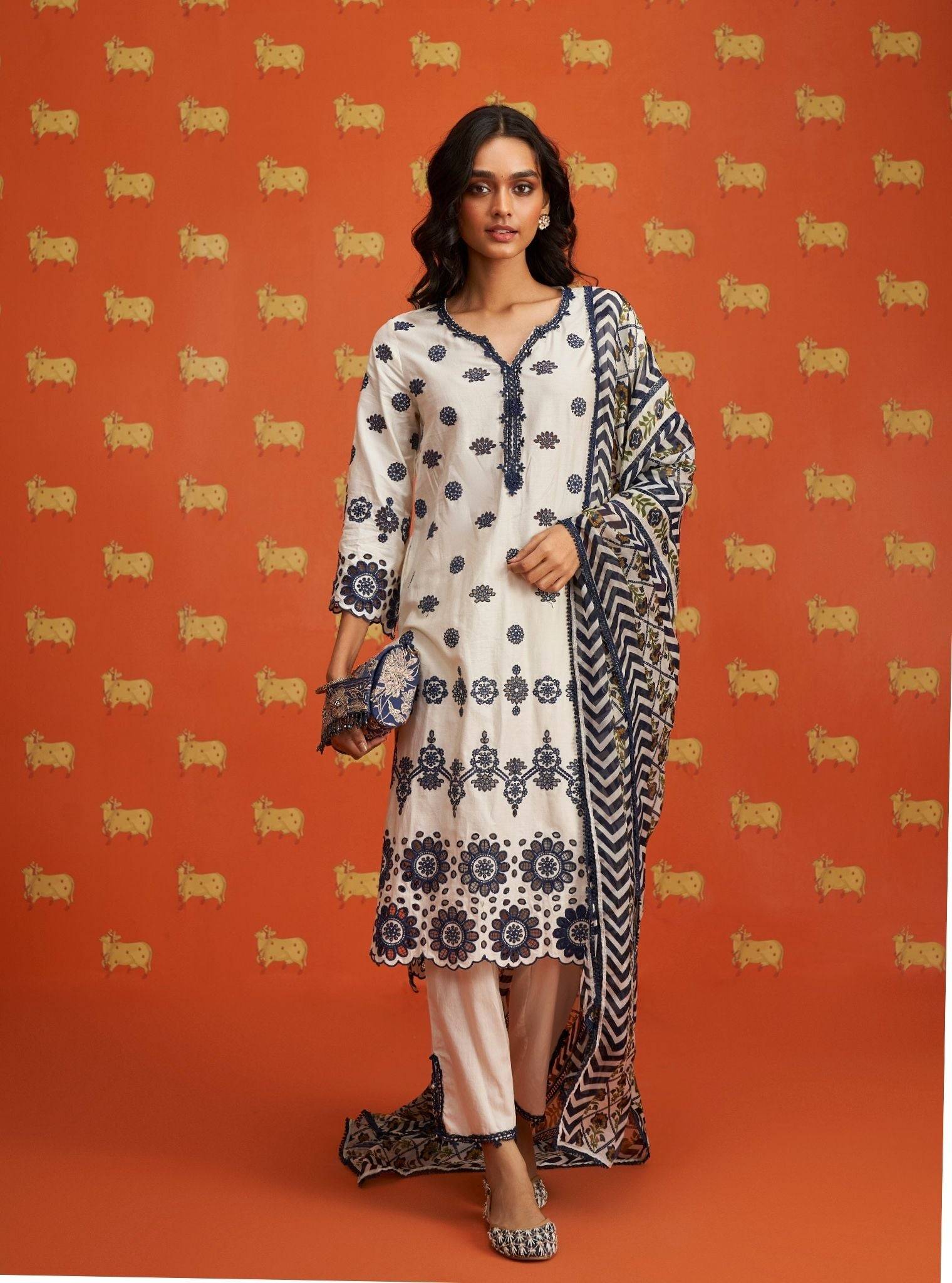 Pensri Pima Satin Off White Kurta Set