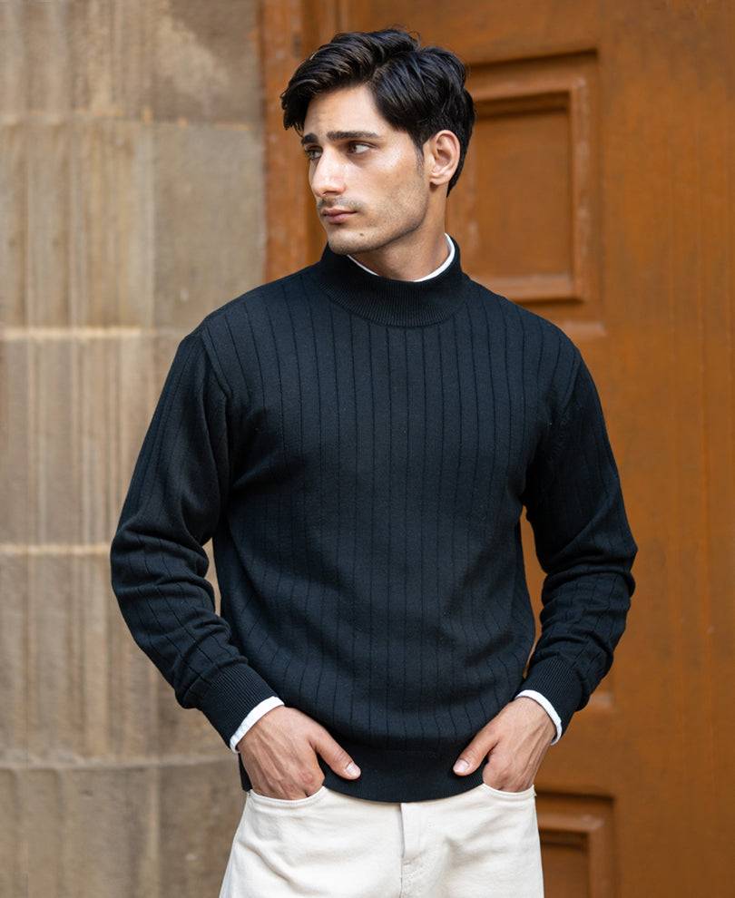 Black Structure Stripe High Neck Sweater Buy @ ₹1199