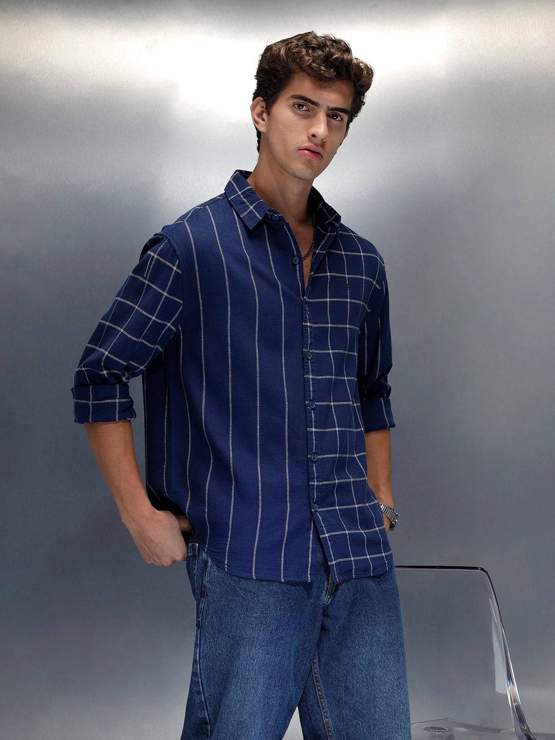 Wrogn Men's Casual Checked Shirt | Navy Blue