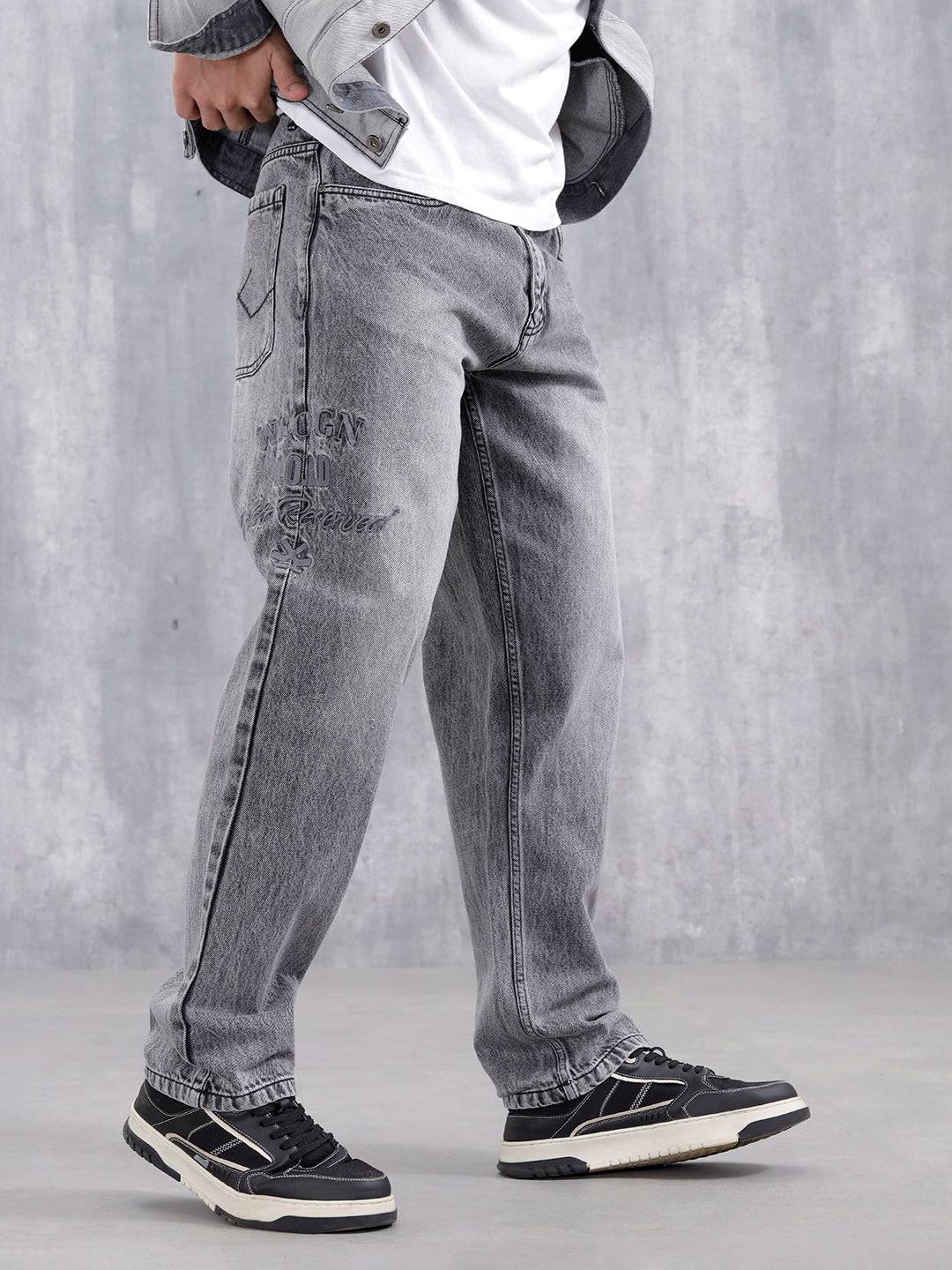 Men Casual Anti Fit Jeans With Embroidery  | Grey