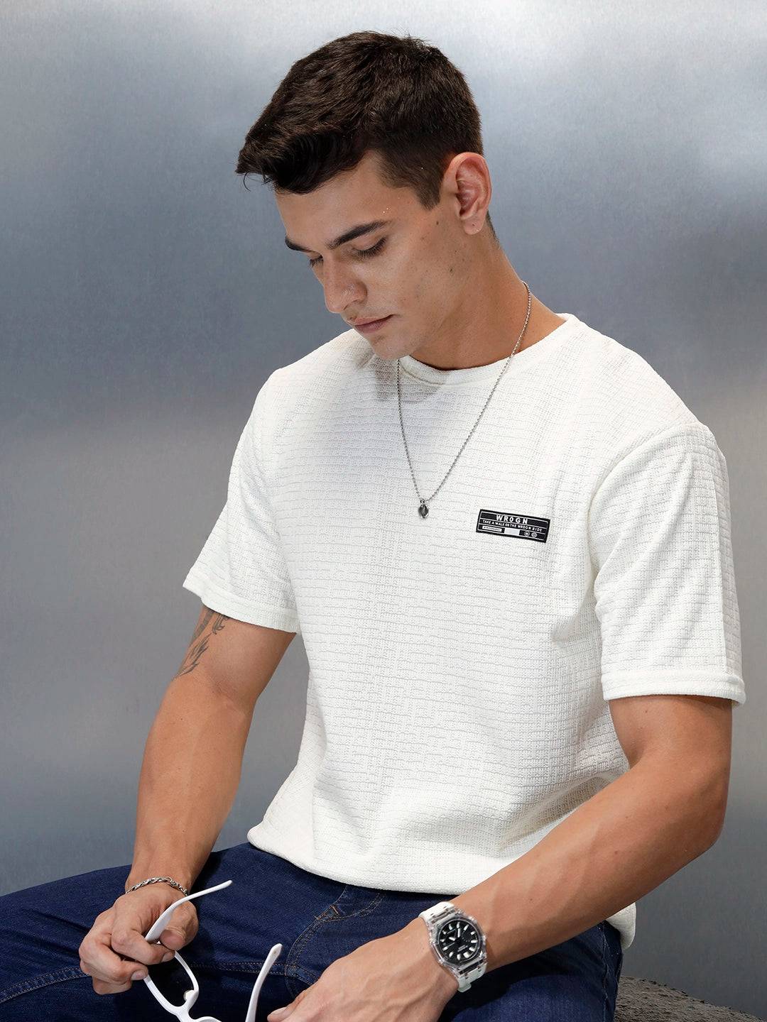 Textured Men's Casual Regular Fit T-Shirt | White