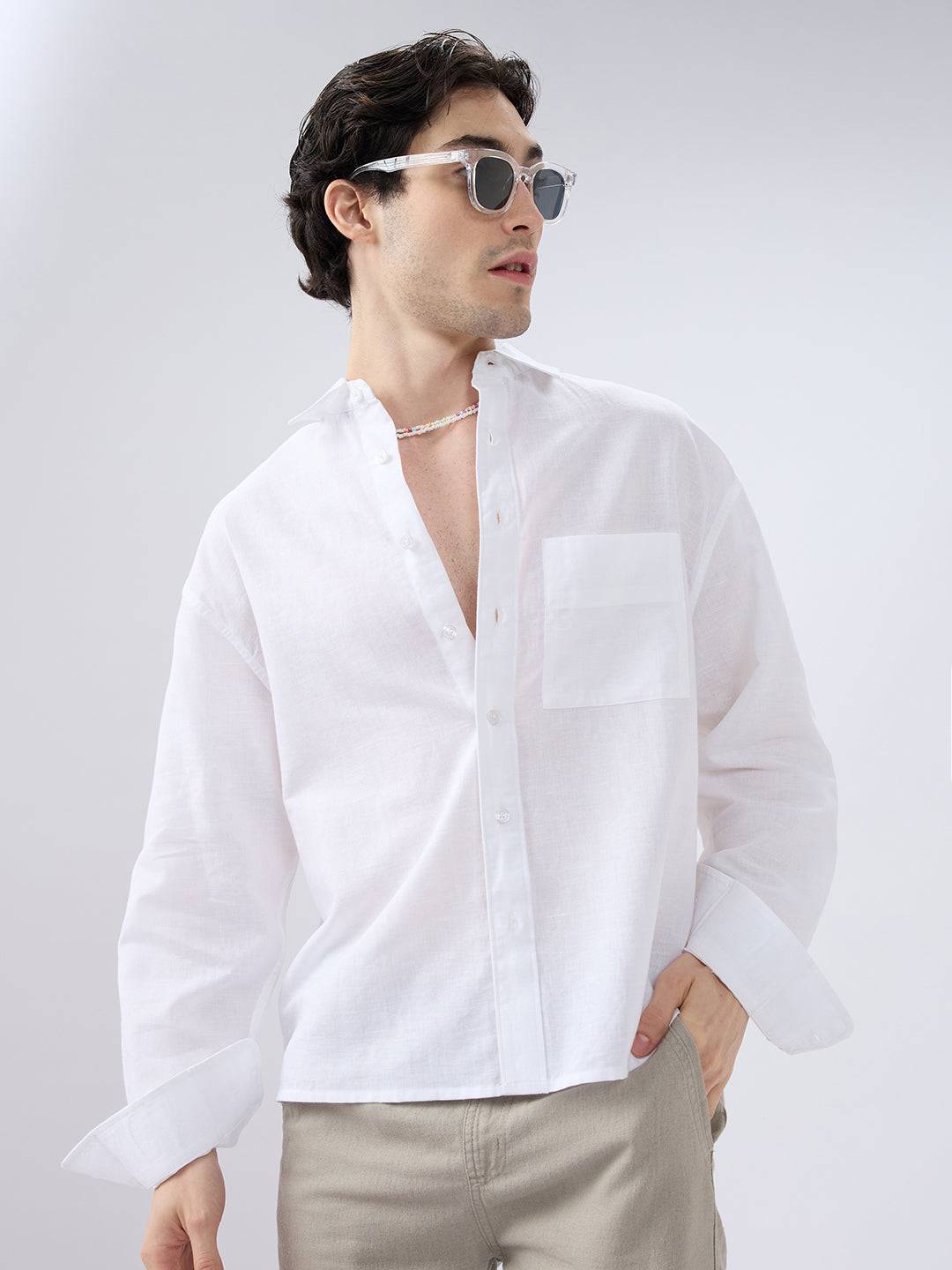 Pristine White Linen Textured Boxy Fit Crop Shirt Buy only at ₹859
