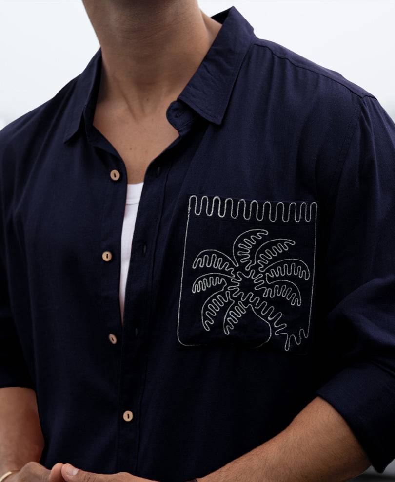 Navy Linen Blend Embroidery Shirt Buy @ ₹1299