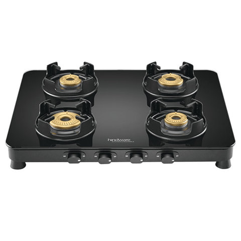 Hindware Cooktop, CORAL 75cm 4B AI, 4 Burner 75 cm Auto Ignition Mirror Finished Glass Top Brass Burner 4 Medium Gas Stove (Black) Buy at only ₹14399