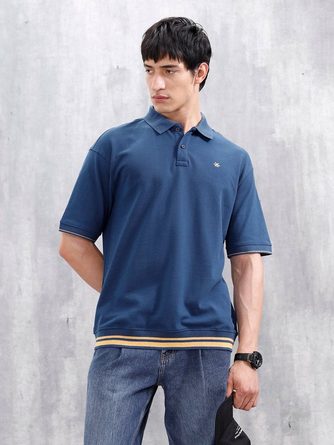Oversized Polo T-Shirt With Contrast Trim Details | Dark Blue