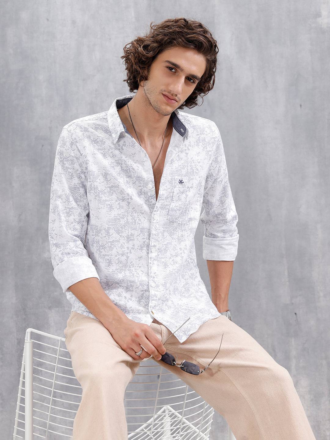 All-Over Abstract Print Casual Slim Fit Shirt | Light Blue