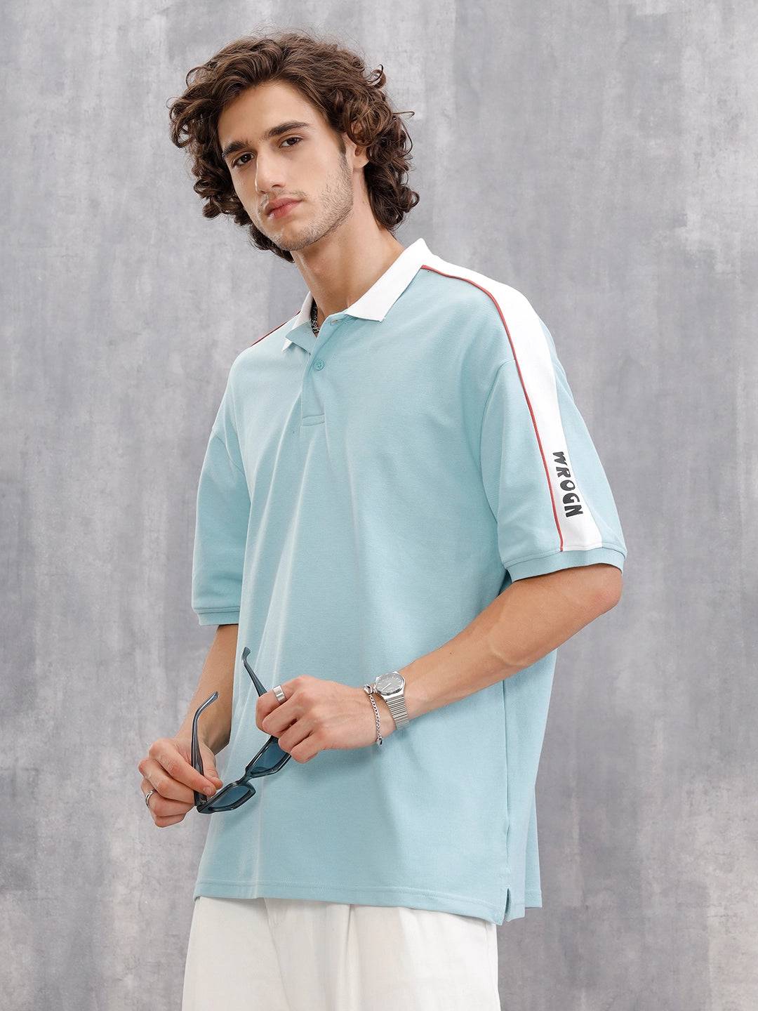 Oversize Solid Polo With Shoulder Tape Detail | Teal