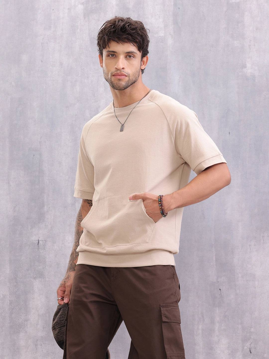 Raglan Sleeve Oversized Fit T-shirt With Rib And Patch Pocket | Beige