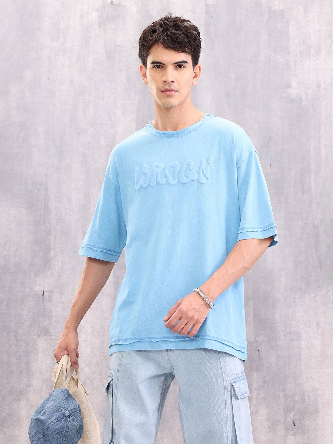 Acid Wash Puff Print Raw Edge Detail T-shirt | Light Blue