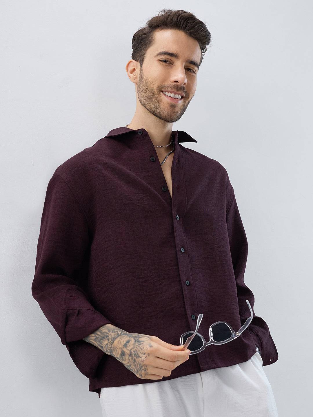 Rich Wine Slub Textured Boxy Fit Crop Shirt Buy only at ₹759