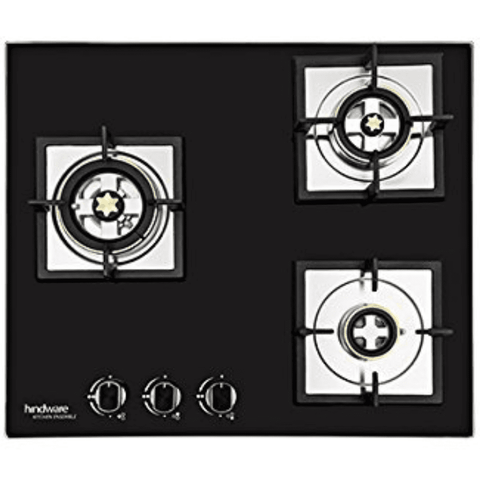 Hindware Hob, GLORIA+ 3B 60CM,  3 Burner 60 cm Gloria Plus Stainless Steel Glass Top Brass Burner 1 Medium +1 High Flame + 1 Small Gas Stove (Black) Buy only at ₹23490