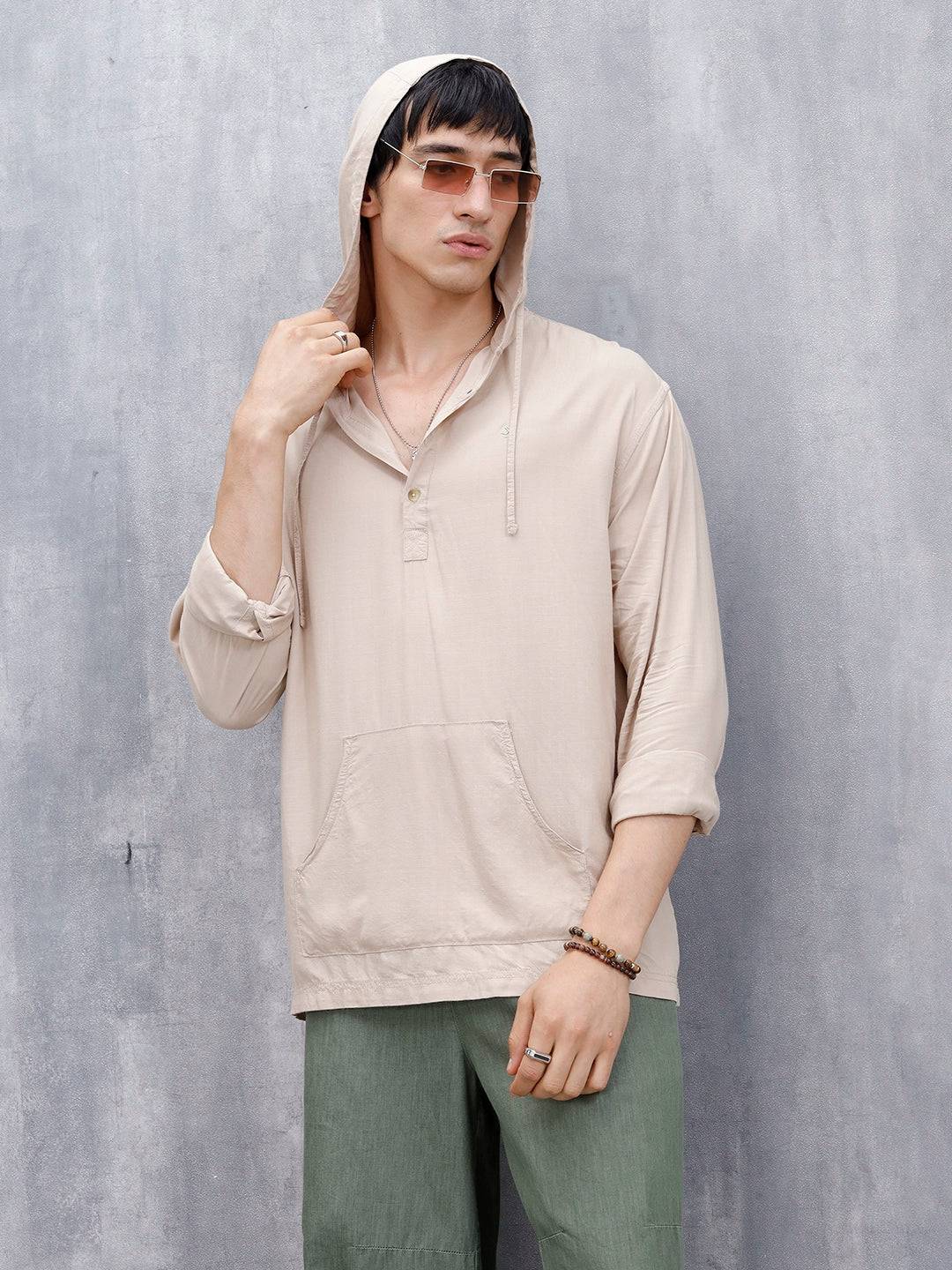 Wrogn Men's Casual Hooded Henley Pullover For Men's | Khaki