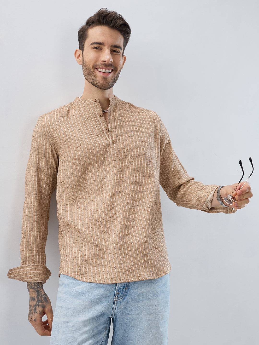 Sand Beige Textured Striped Kurta Buy only at ₹699