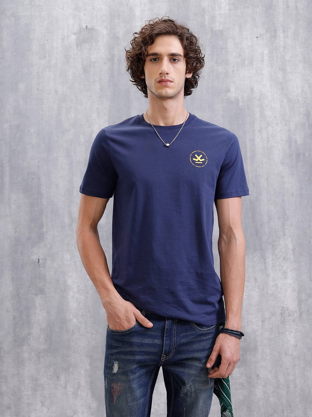 Placement Printed Slim Fit T-Shirt  | Navy Blue