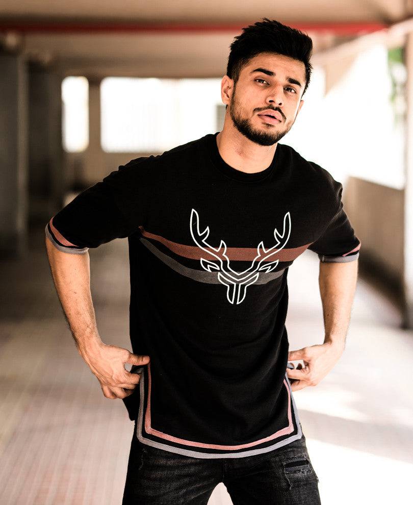 Black Deer Chest Stripe Oversize Drop Shoulder T Shirt Buy @ ₹999