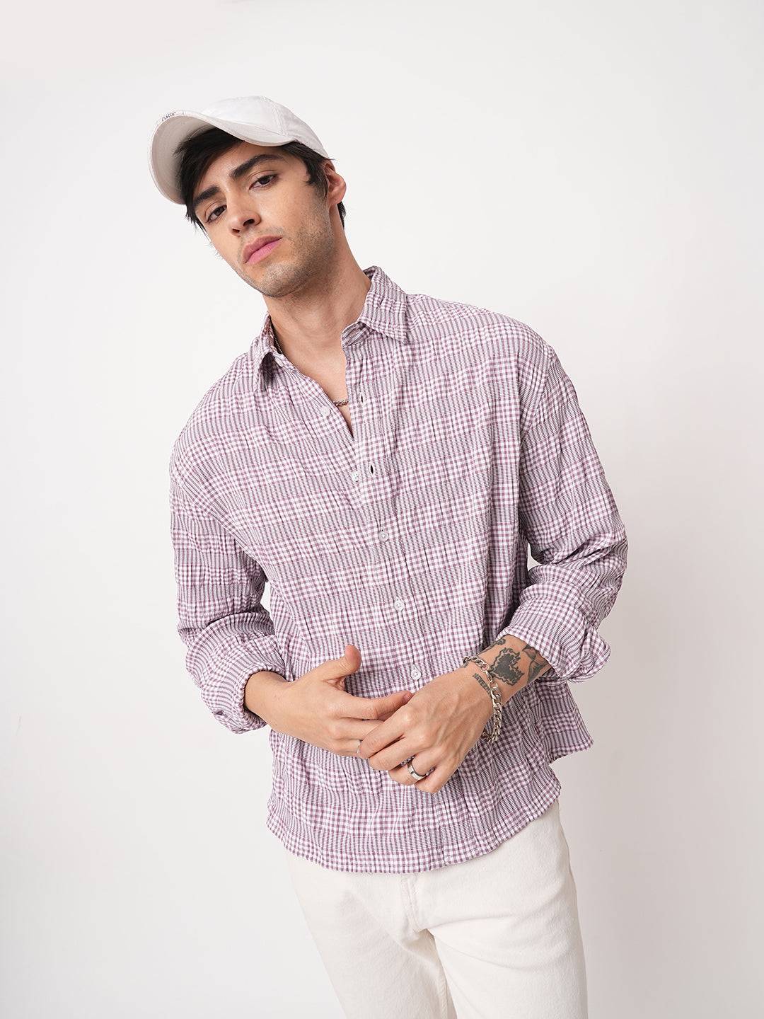 Lilac Seersucker Checks Boxy Fit Crop Shirt Buy only at ₹659