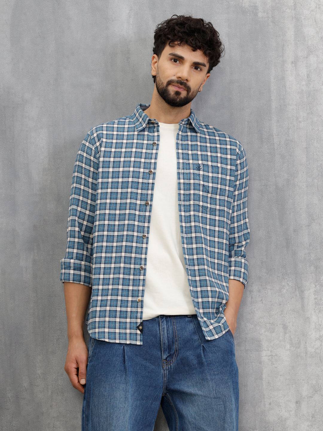 Micro Check Shirt In Seersucker Fabric | Blue