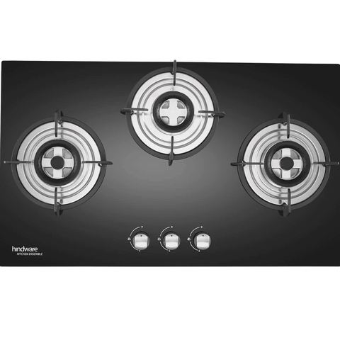 Hindware Hob, ELLA PLUS 3B 75, 3 burner 75 cm Auto Ignition Glass Designer Brass Burners 1 Medium + 1 Small + 1 High (Black) Buy at only ₹14399