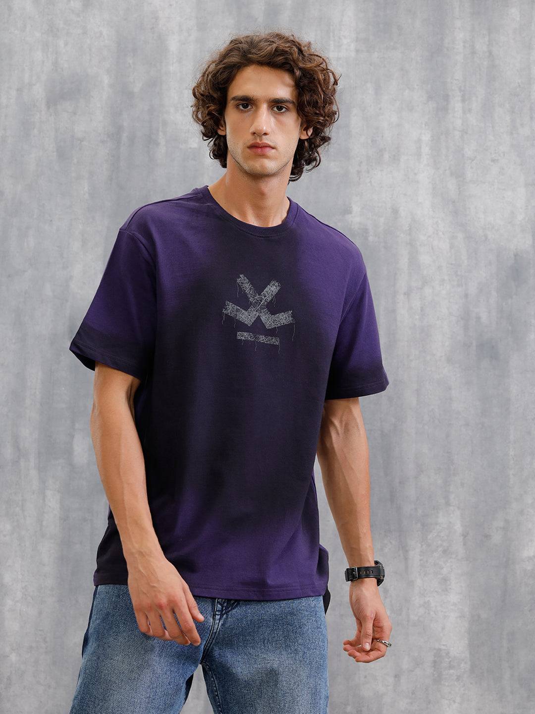 Smokey Pigment Spray With Grunge Logo Print Oversized Crew Neck T-Shirt | Purple