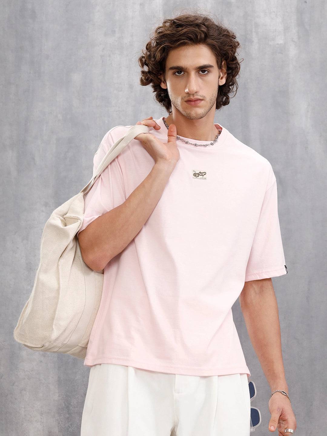 Casual Oversized Solid Tshirt With Branding |  Pink