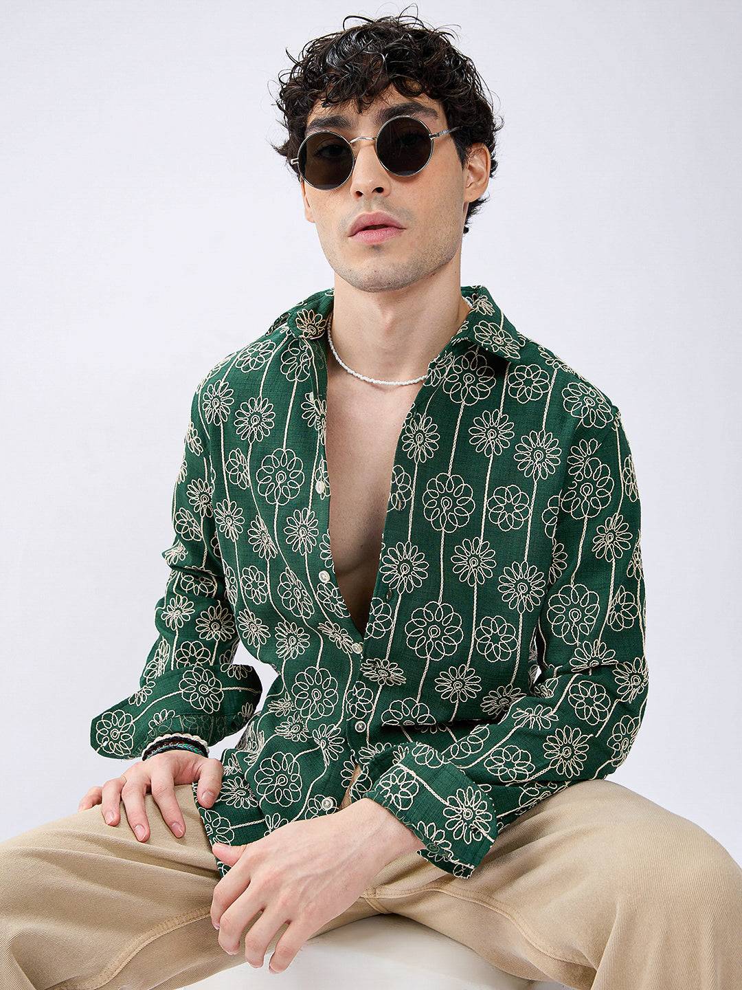 Green Baroqued Floral Loom Contrast Embroidery Shirt Buy only at ₹799