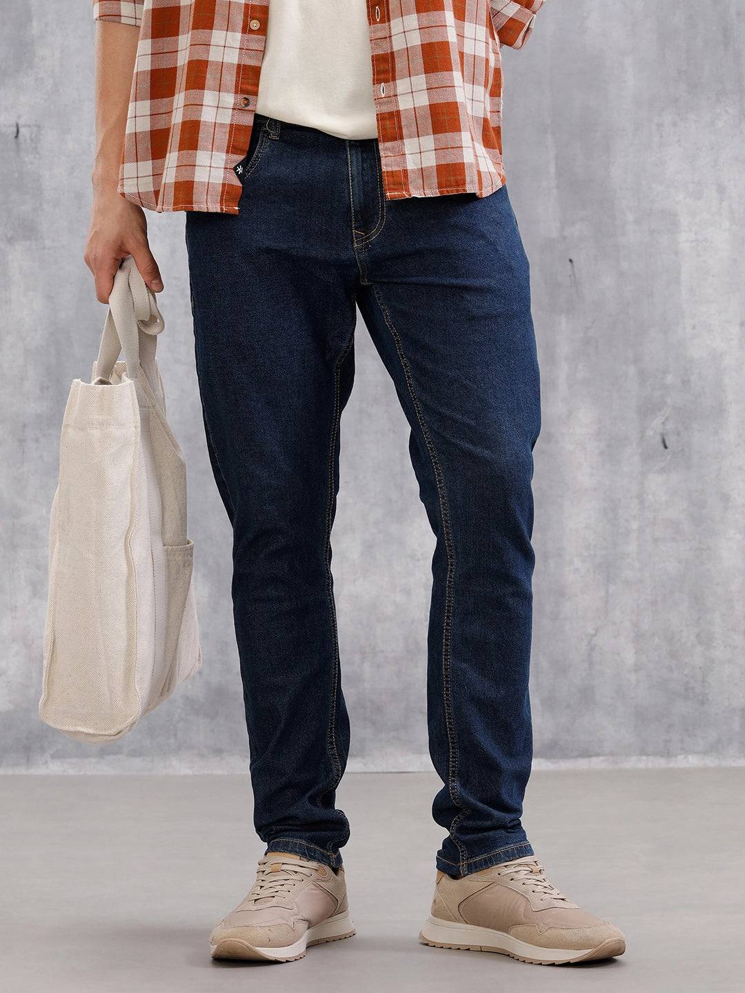 Solid Slim Tappered Jeans - Dark Blue