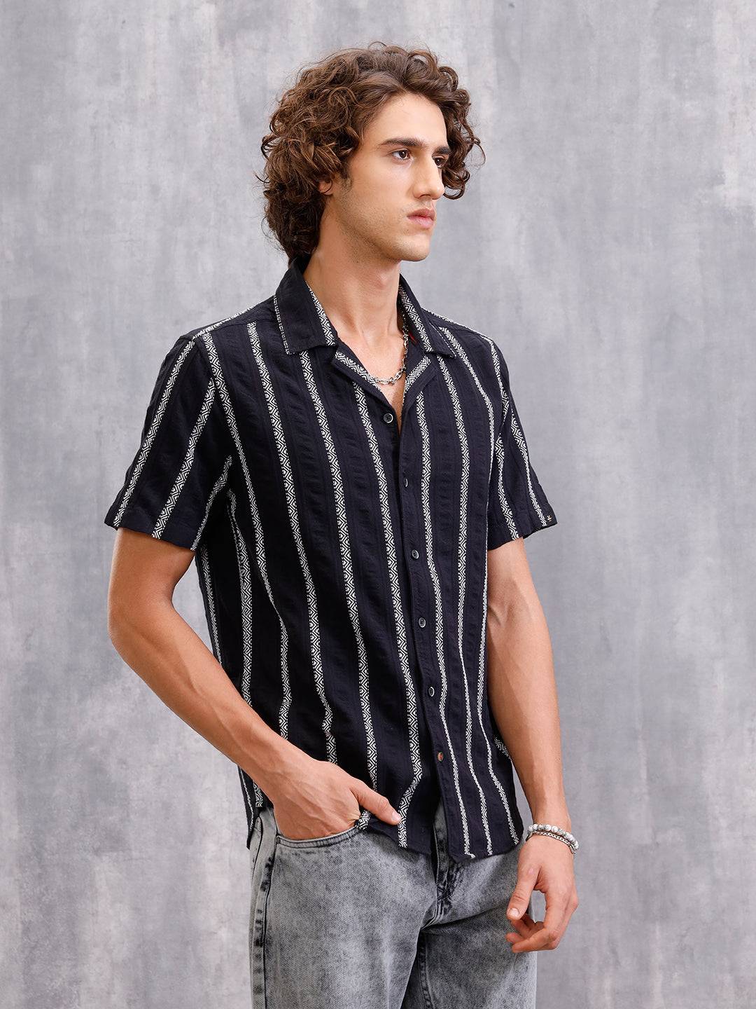 Seersucker Dobby Stripe Short Sleeve Shirt | Black