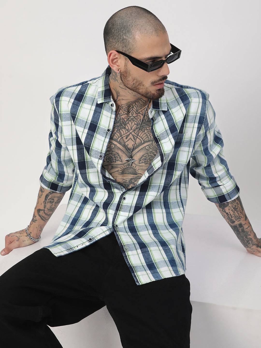 Denim Green & Navy Plaid Checks Shirt Buy only at ₹759