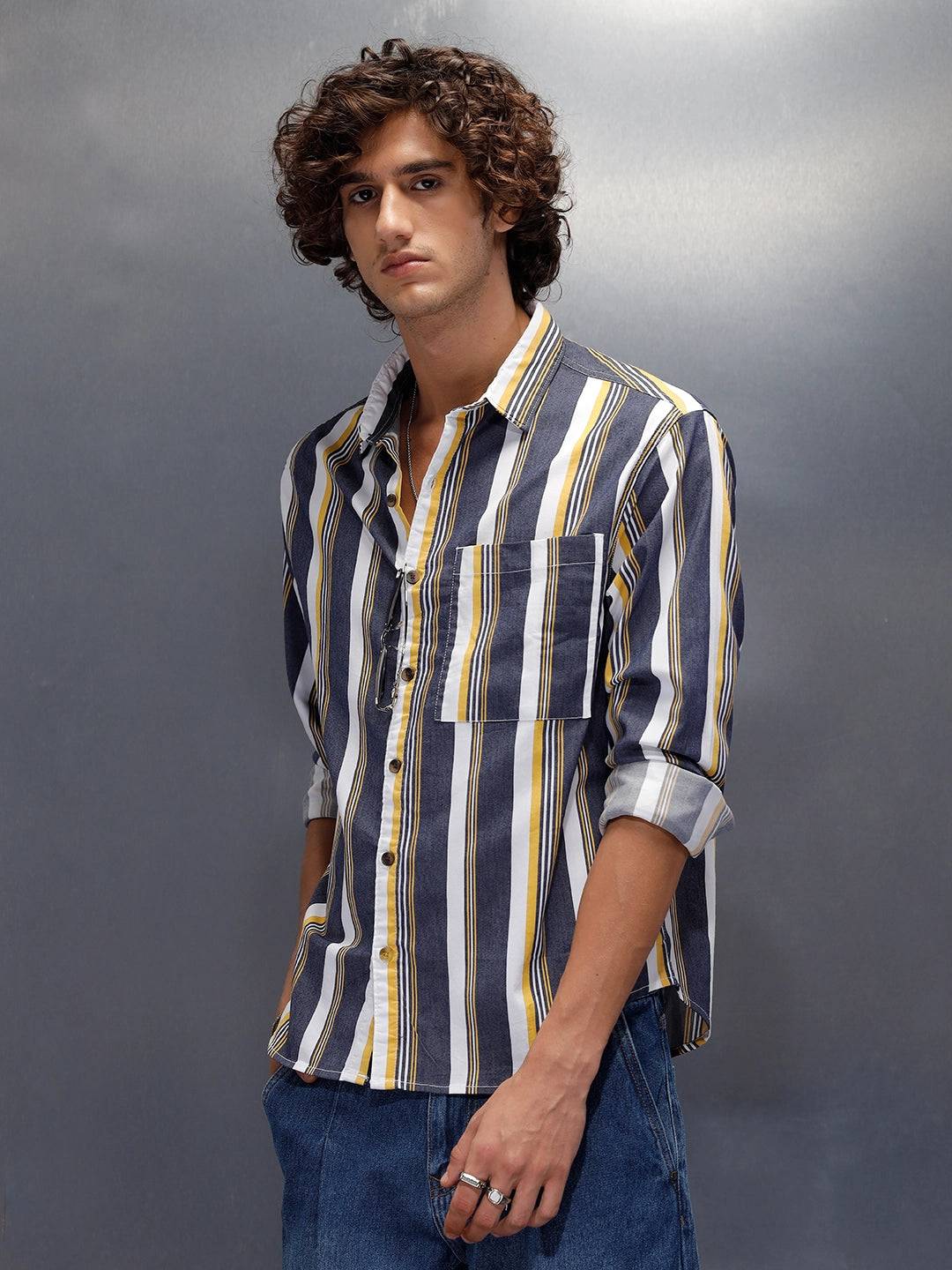Vibrant Striped Comfort Fit Shirt With Branding  | Navy Blue