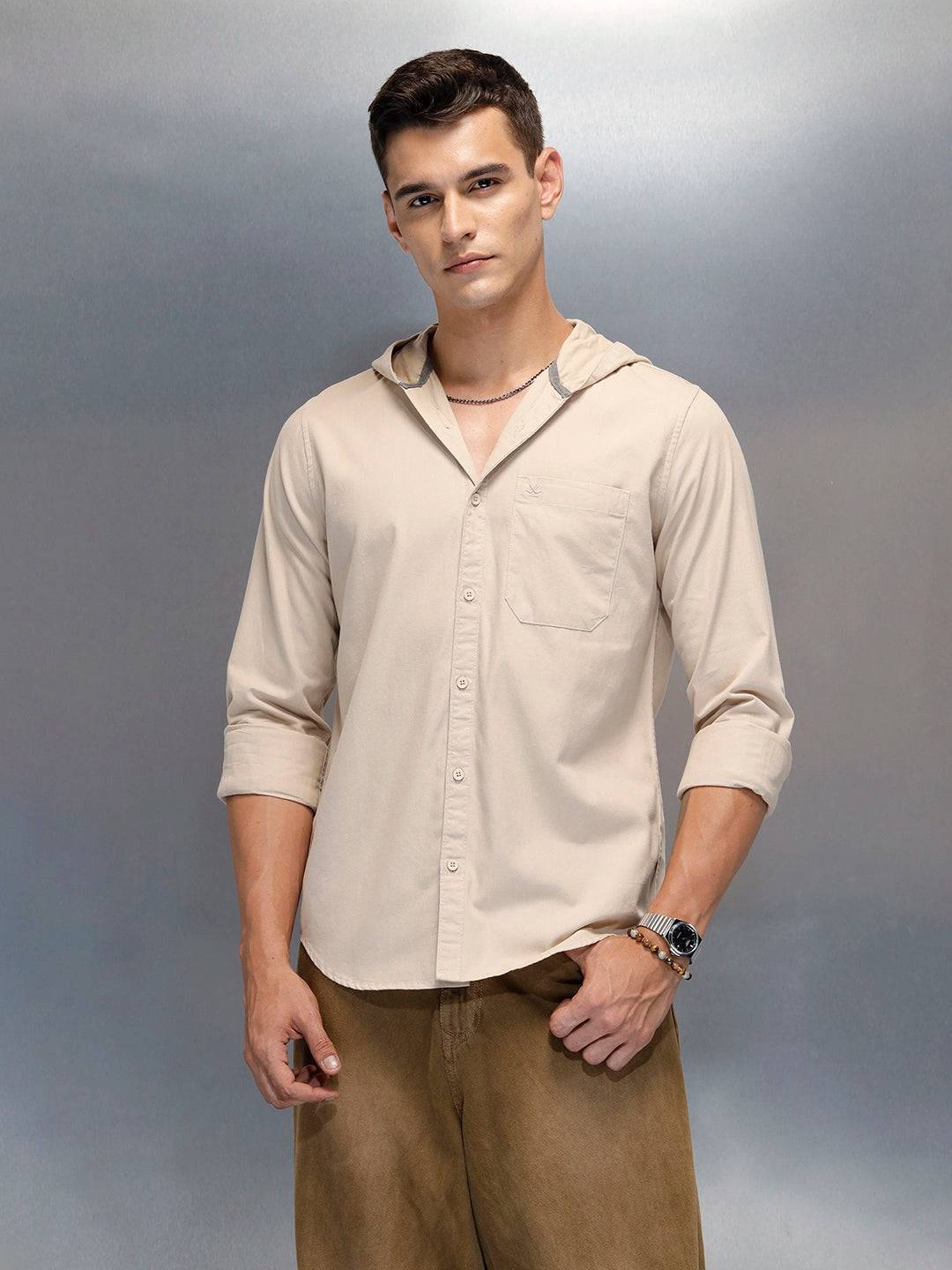 Men's Slim Fit Casual Hooded Shirt | Brown